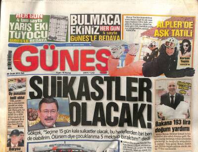 Güneş Gazetesi 28 Ocak 2014 - Melih Gökçek Suikastlar Olacak GZ107501 - 1