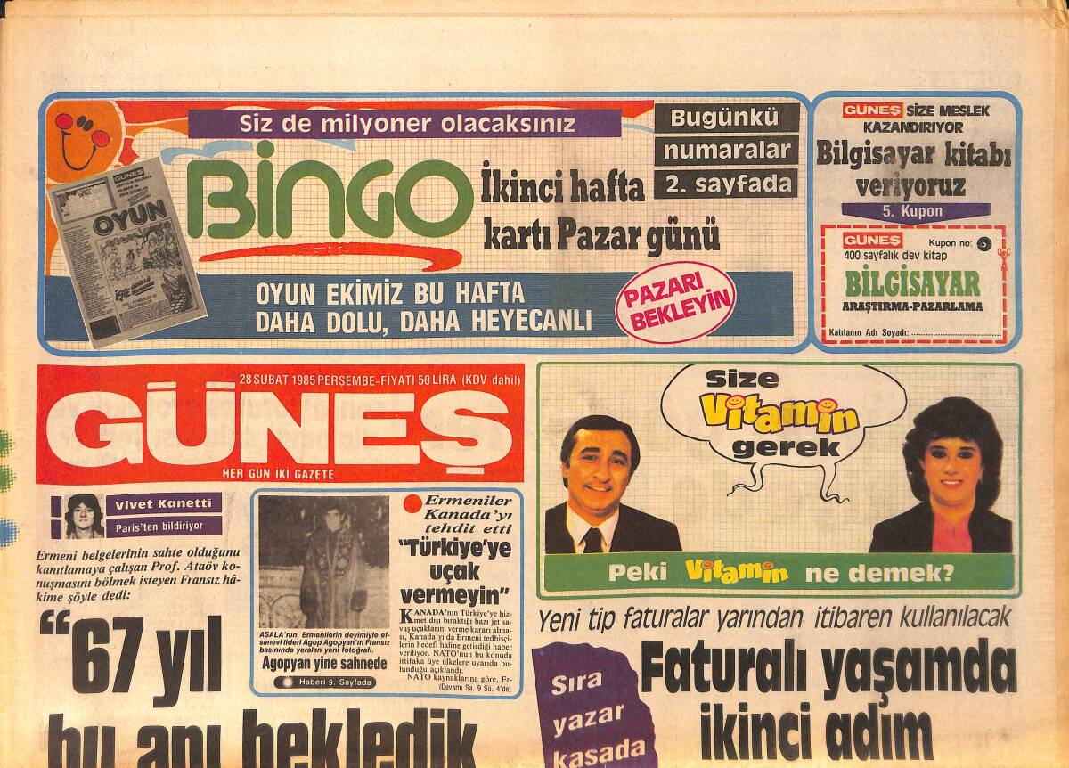 Güneş Gazetesi 28 Şubat 1985 - Ermeniler Kanada'yı Tehdit Etti 