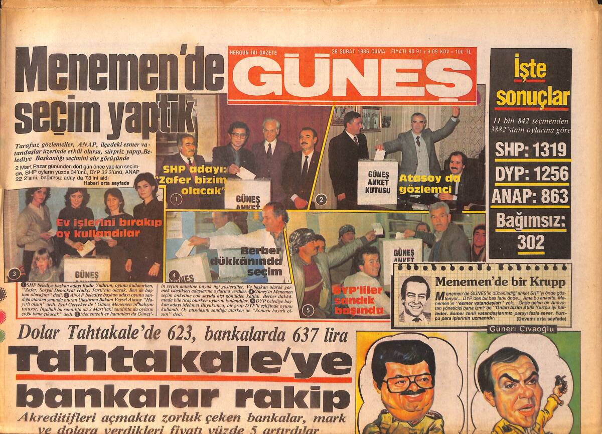 Güneş Gazetesi 28 Şubat 1986 - Ferdi Özbeğen, Müslüm Gürses, Kibariye Gazino Afişi GZ158185 - 1