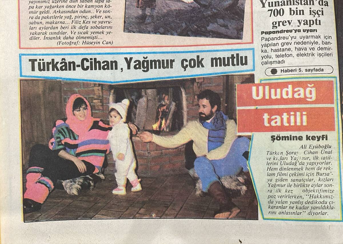 Güneş Gazetesi 28 Şubat 1986 - Türkan Şoray, Cihan Ünal Ve Kızları Yağmur Çok Mutlu, Uludağ Tatili GZ151528 - 2