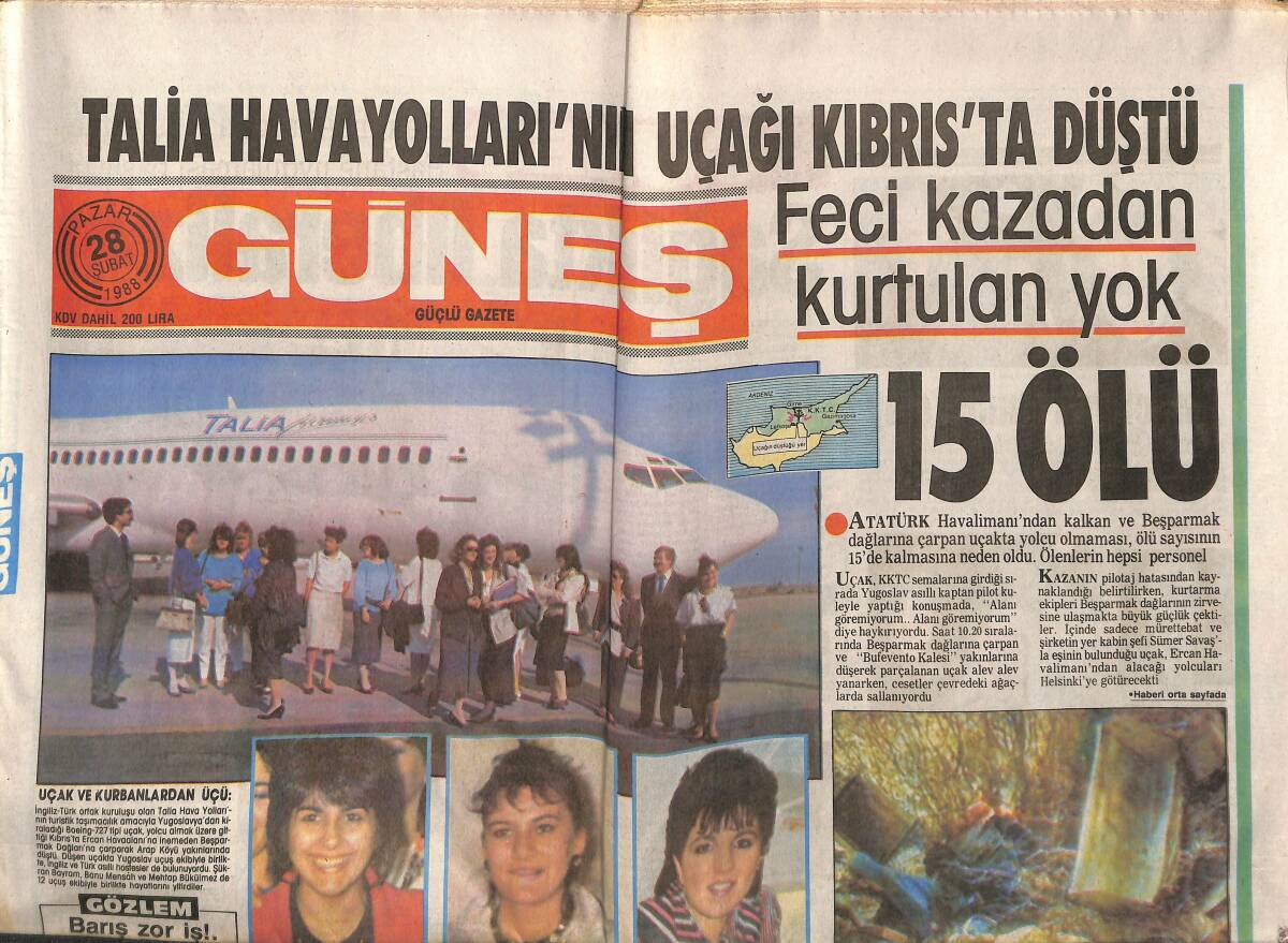 Güneş Gazetesi 28 Şubat 1988 - Talia Havayolları'nın Uçağı Kıbrıs'ta Düştü - Seia'ya Onay GZ149204 - 1