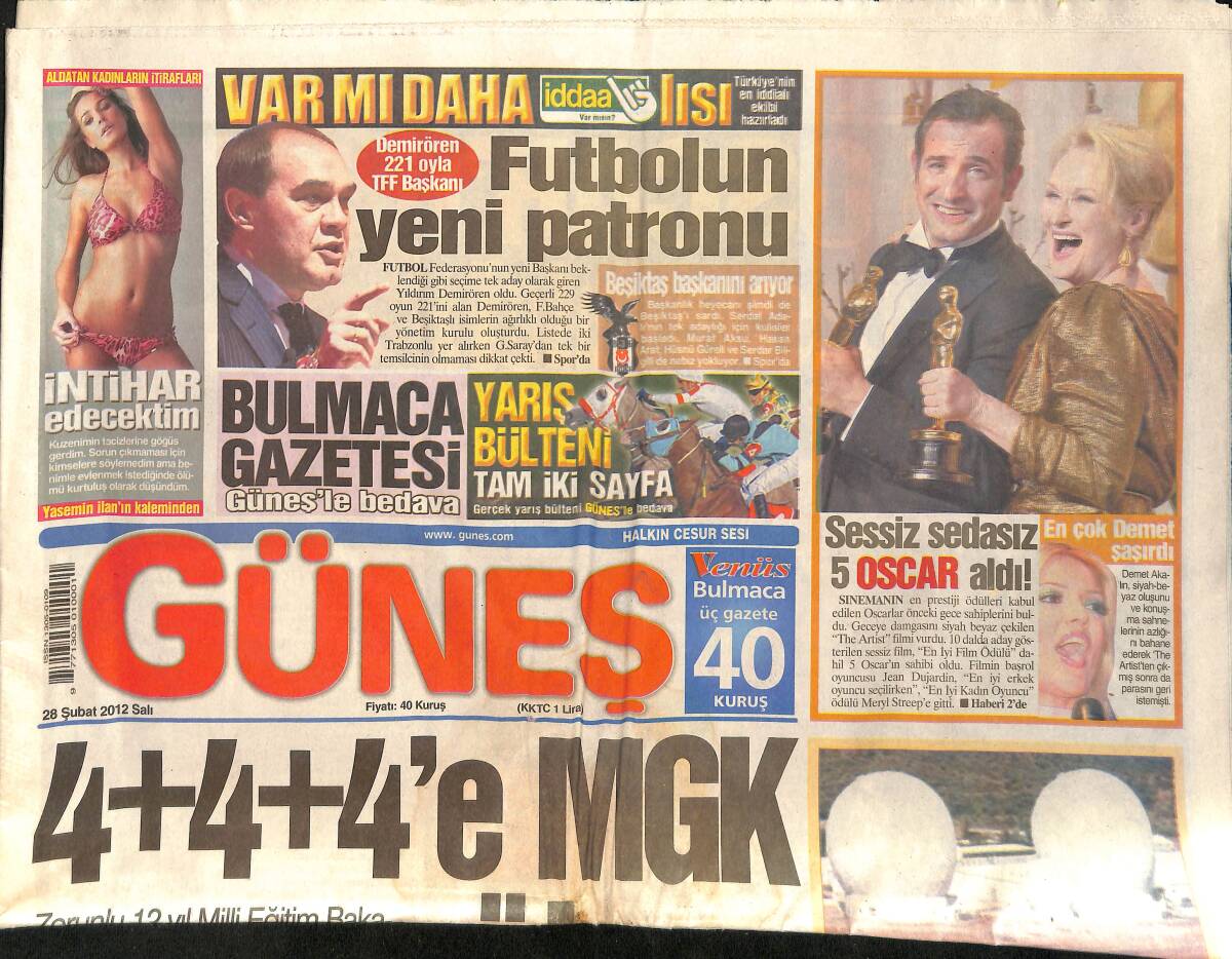 Güneş Gazetesi 28 Şubat 2012 - Demet Akalın, The Artist'ten Çıkıp Parasını Geri İstedi - Yıldırım Demirören 221 Oyla TFF Başkanı Seçildi GZ159000 - 1