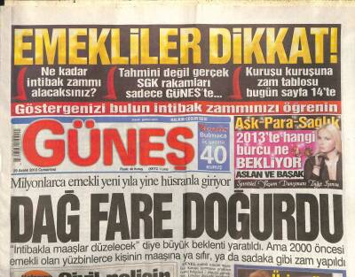 Güneş Gazetesi 29 Aralık 2012 - Dağ Fare Doğurdu, Olmadı Monşer GZ107642 - 1