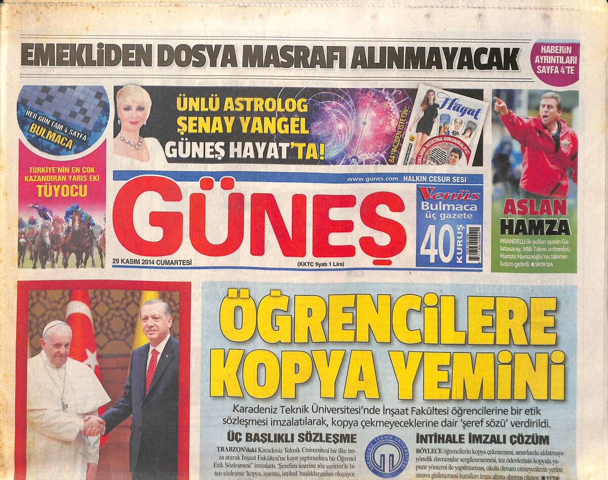 Güneş Gazetesi 29 Kasım 2014 - Öğrencilere Kopya Yemini - Berrak Tüzünataç Kürt Kızını Canlandıracak! GZ136864 - 1