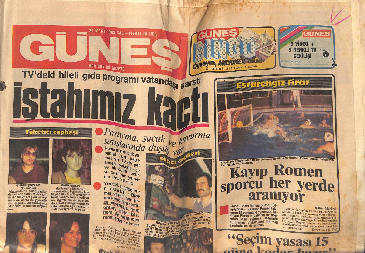 Güneş Gazetesi 29 Mart 1983 - Kayıp Romen Sporcu Her Yerde Aranıyor - Tommy Garrett Türkü Söylüyor GZ132774 - 1