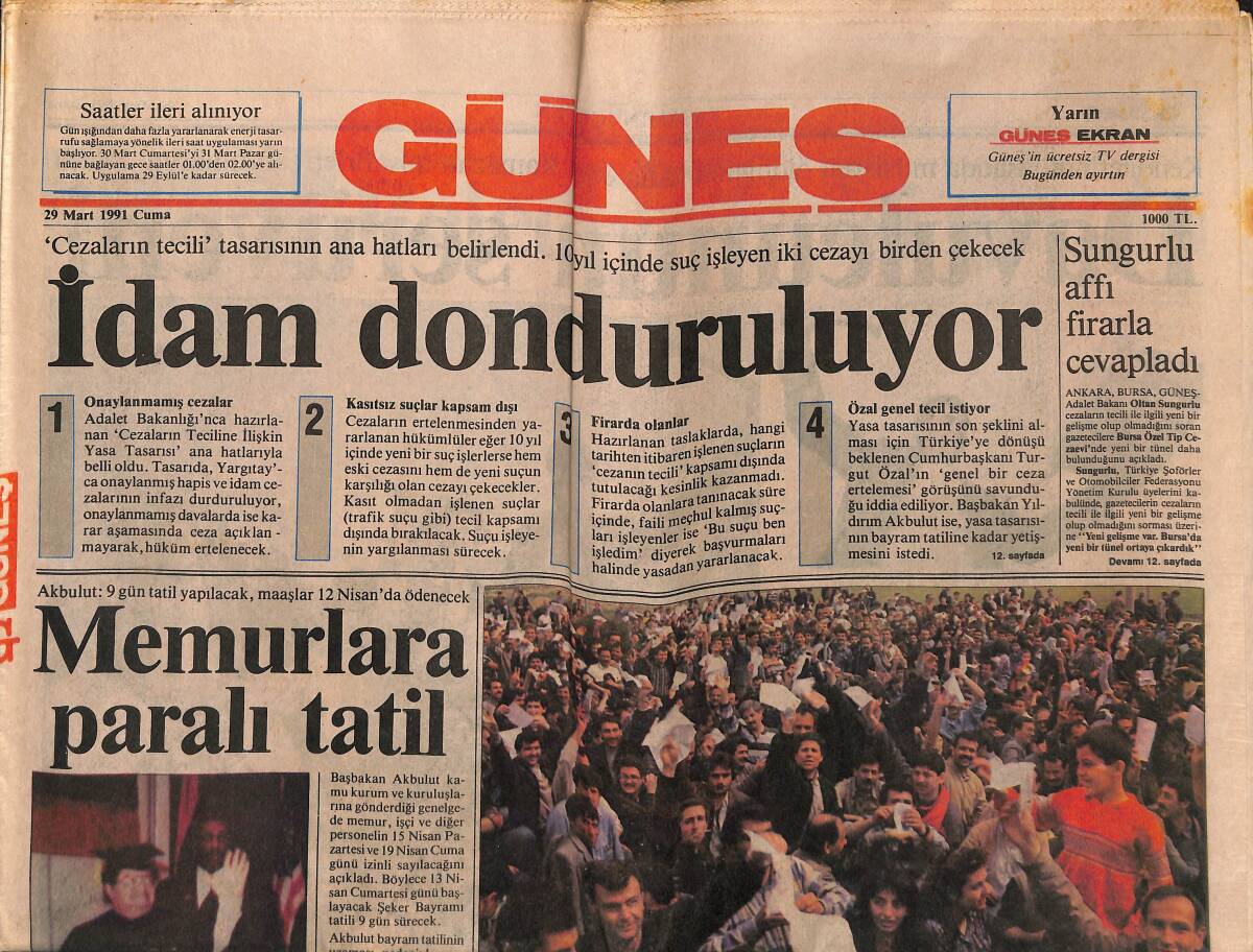Güneş Gazetesi 29 Mart 1991 - Saddam Hücuma Geçti - Cuellar , Kıbrıs İçin Umutlu GZ149213 - 1