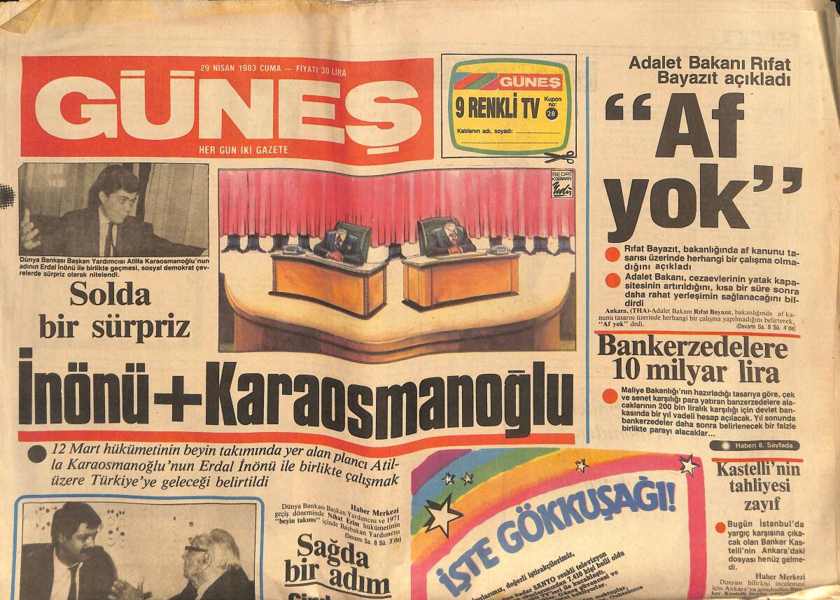 Güneş Gazetesi 29 Nisan 1983 - İnönü+Karaosmanoğlu - Kastelli'nin Tahliyesi Zayıf GZ134469 - 1