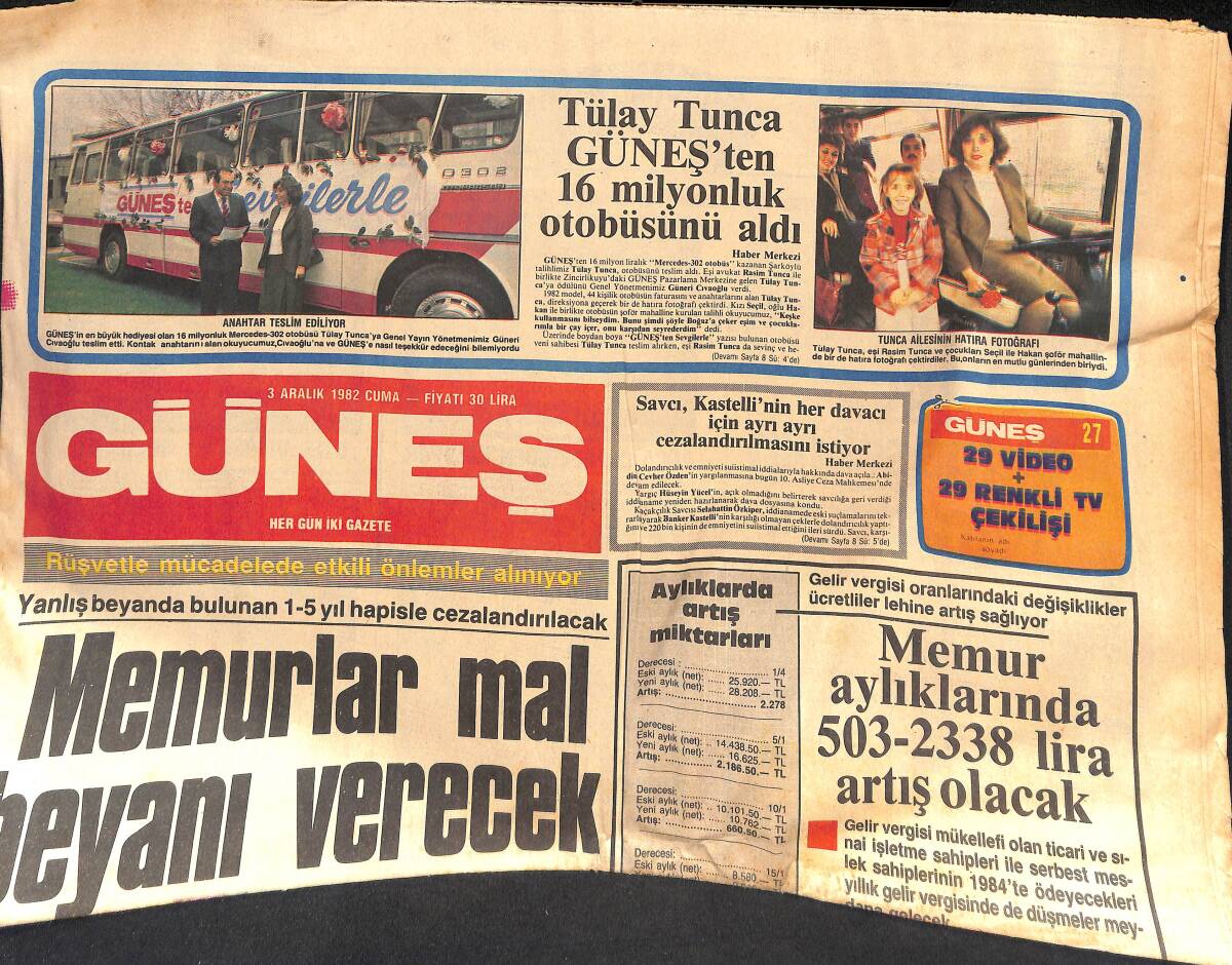 Güneş Gazetesi 3 Aralık 1982 - Memurlar Mal Beyanı Verecek - Emlak Vergisi Binaların Yaşına Göre Saptanacak GZ133844 - 1