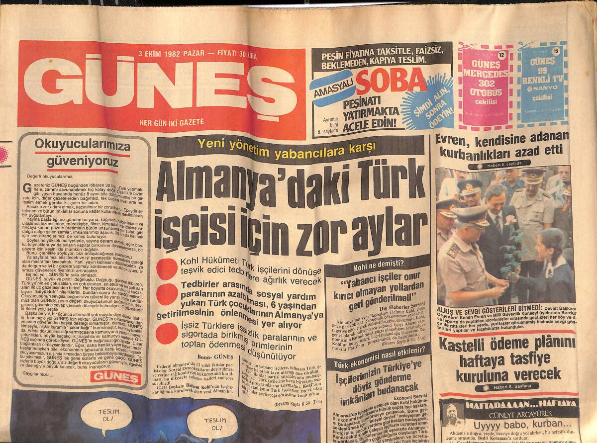 Güneş Gazetesi 3 Ekim 1982 - Tahran'da Büyük Sabotaj 60 Ölü 700 Yaralı Var - Kastelli Ödeme Planını Haftaya Tasfiye Kuruluna Verecek GZ134417 - 1