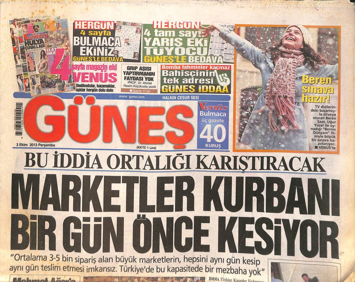 Güneş Gazetesi 3 Ekim 2013 - Diyarbakır Adliyesinde 328 Kilo Eroin Çalındı - Emel Sayın İş Adamı Enis Pekuysal'ın Düğününde Şarkı Söyledi GZ158429 - 1