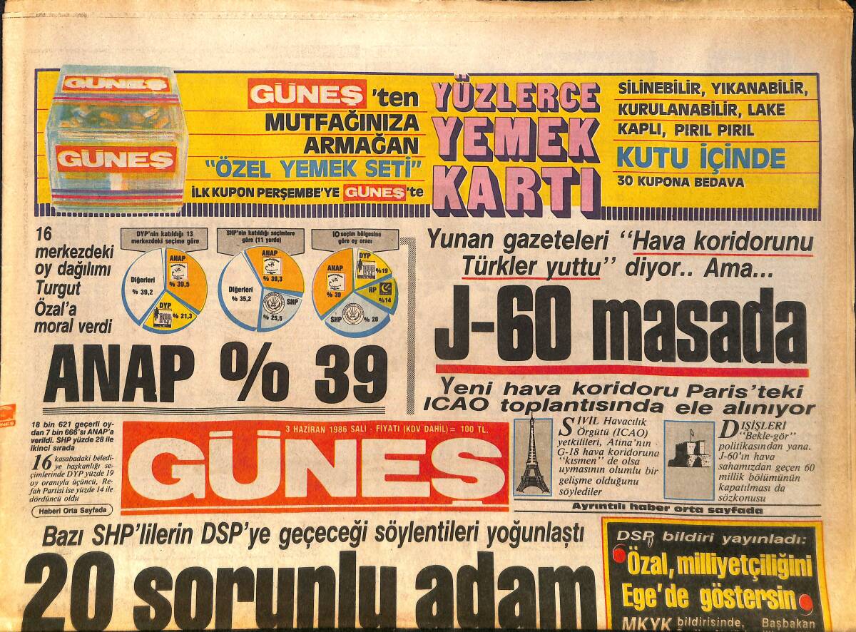 Güneş Gazetesi 3 Haziran 1986 - Şampiyon Kartal Sevinçten Uçuyor - Huri Sapan Long Play ve Kaset Afişi GZ158283 - 1