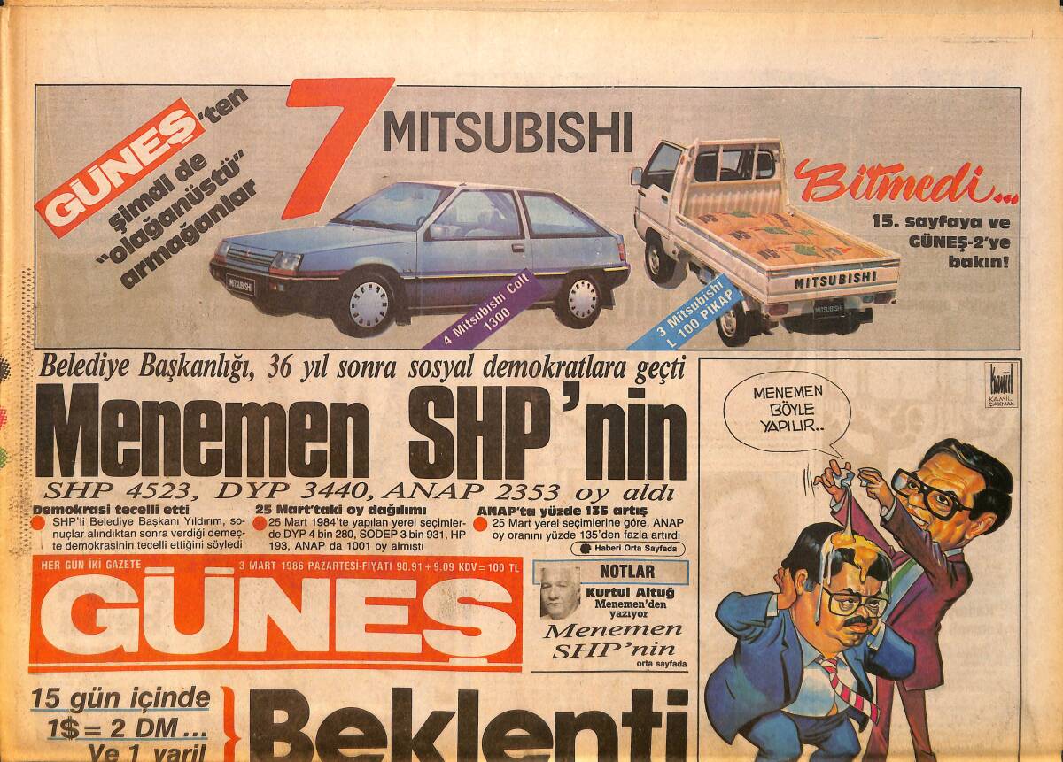 Güneş Gazetesi 3 Mart 1986 - Müslüm Gürses, Kibariye, Ferdi Özbeğen Gazino Afişi - Menemen Belediye Başkanlığı 36 Yıl Sonra Sosyal Demokratlara Geçti GZ158162 - 1