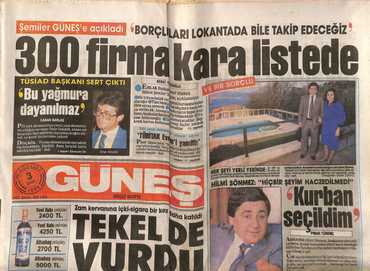 Güneş Gazetesi 3 Mart 1988 - Tekel de Vurdu - Büyük Maksim Gazinosu Gönül Yazar Afişi * Tarabya Yıldızlar Restaurant Cengiz Kurtoğlu Afişi GZ149205 - 1