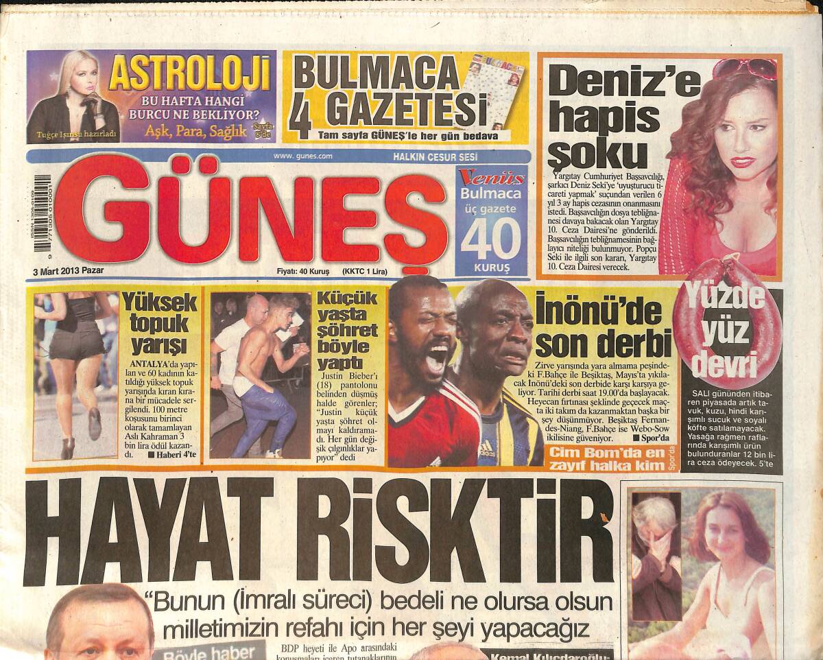 Güneş Gazetesi 3 Mart 2013 - Deniz Seki'ye Hapis Şoku - İnönü'de Oynanacak Son Derbi 