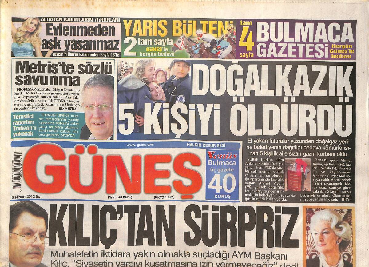 Güneş Gazetesi 3 Nisan 2012 - Gençlerin YGS İsyanı - Doğalgaz 5 Kişiyi Öldürdü - Muhteşem Yüzyıl Rusya'da 11 Saat Aralıksız Yayınlandı GZ135634 - 1