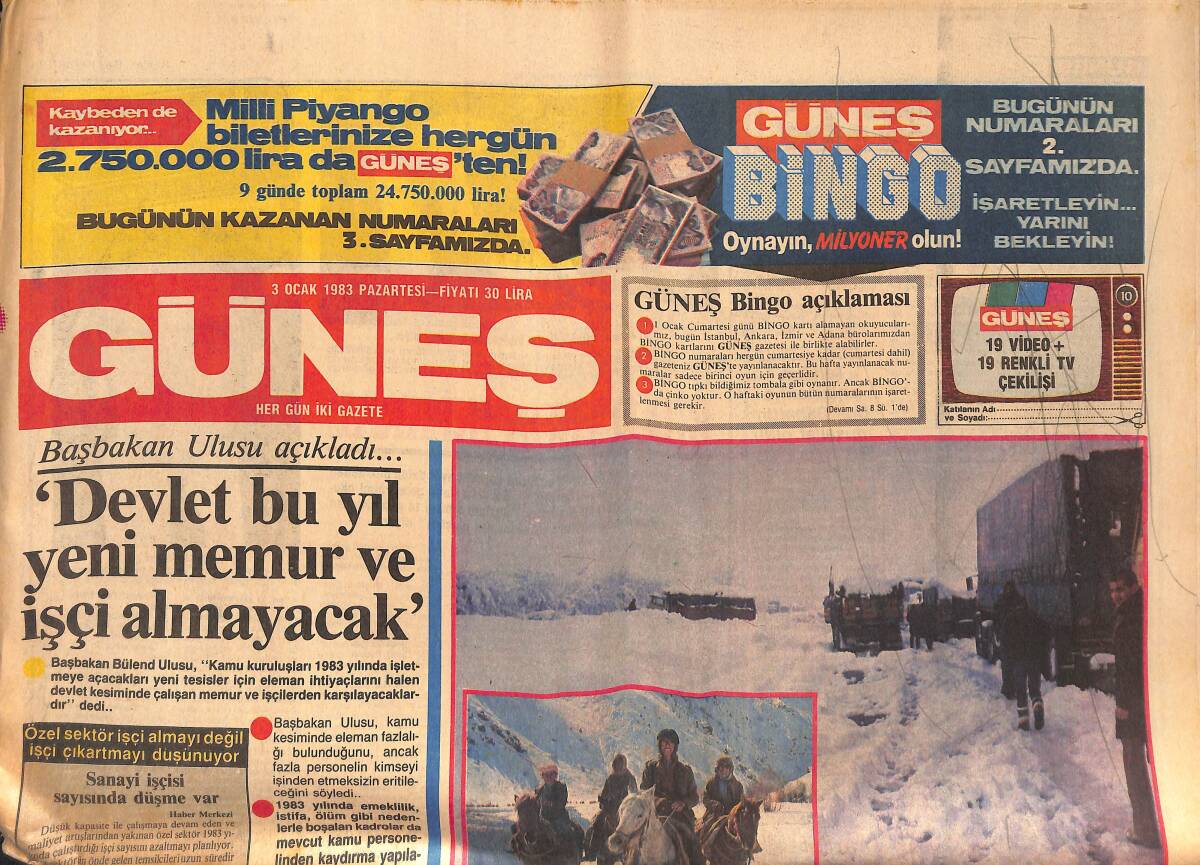 Güneş Gazetesi 3 Ocak 1983 - Ağca'nın İfadesi Yeniden Alınacak - Demirspor'un Zor Günü GZ134503 - 1