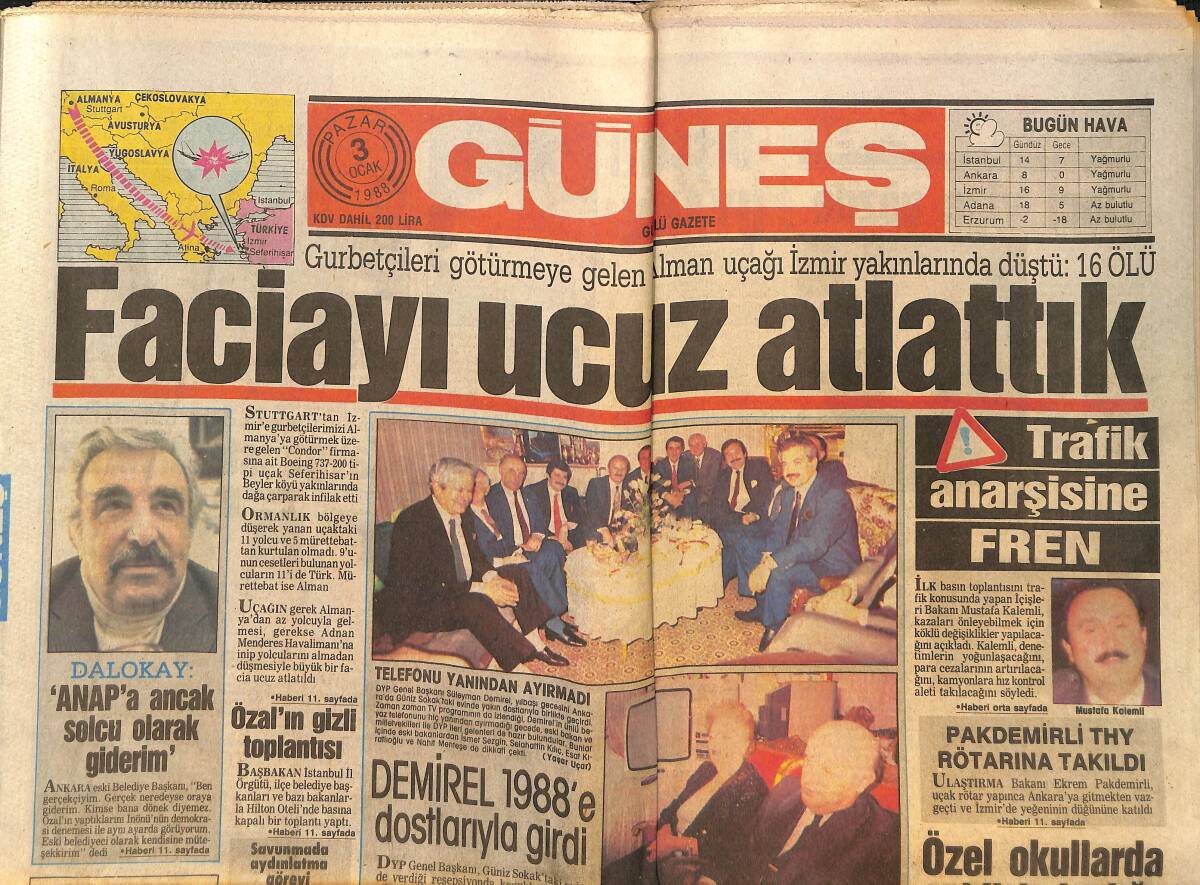 Güneş Gazetesi 3 Ocak 1988 - Rıza Çalımbay Ameliyat Oldu Sahaya Çıktı - Demirel 1988'e Dostlarıyla Girdi GZ151503 - 1