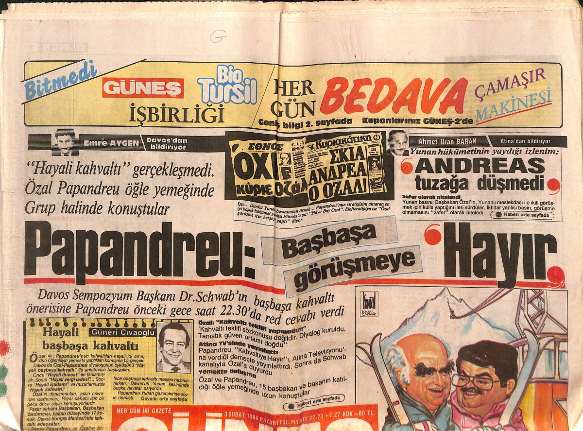 Güneş Gazetesi 3 Şubat 1986 - Galatasaray'da Boş Yok - Papandreu: Başbaşa Görüşmeye Hayır GZ151519 - 1