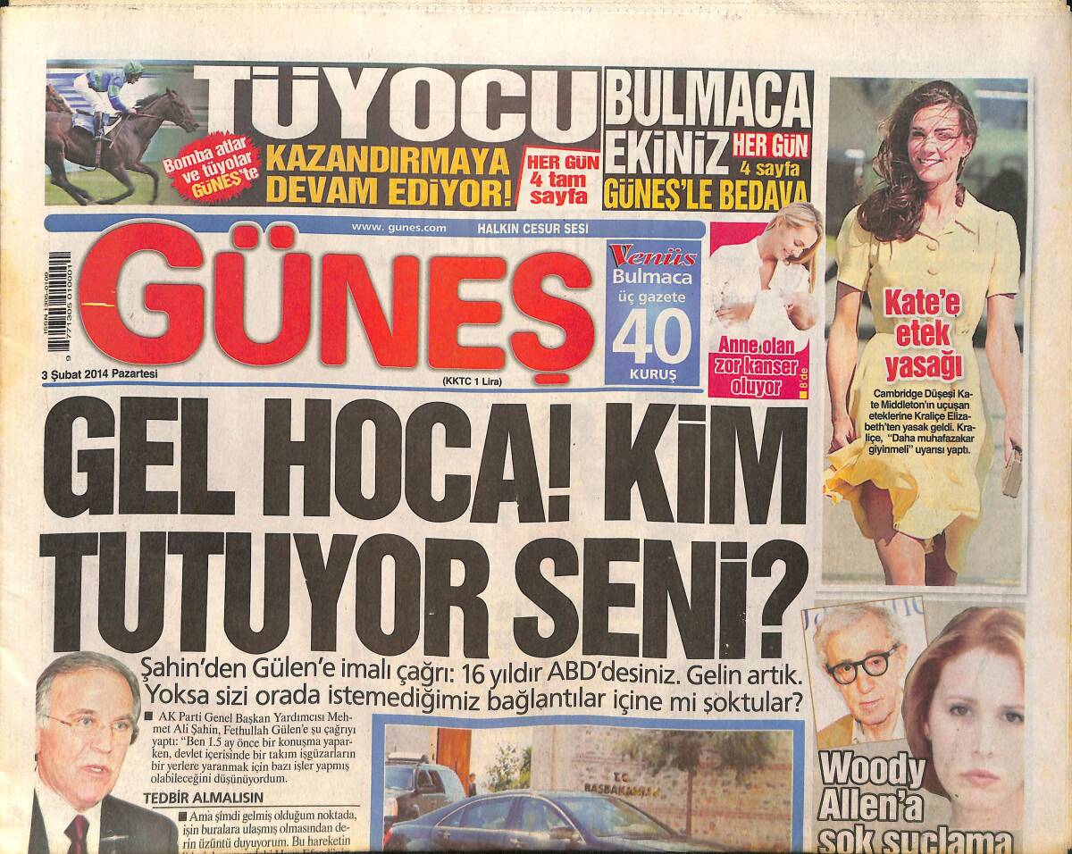 Güneş Gazetesi 3 Şubat 2014 - Hande Yener Genç Sevgilisi İle Yakalandı - Beren Saat'in Yeni Dizisi 