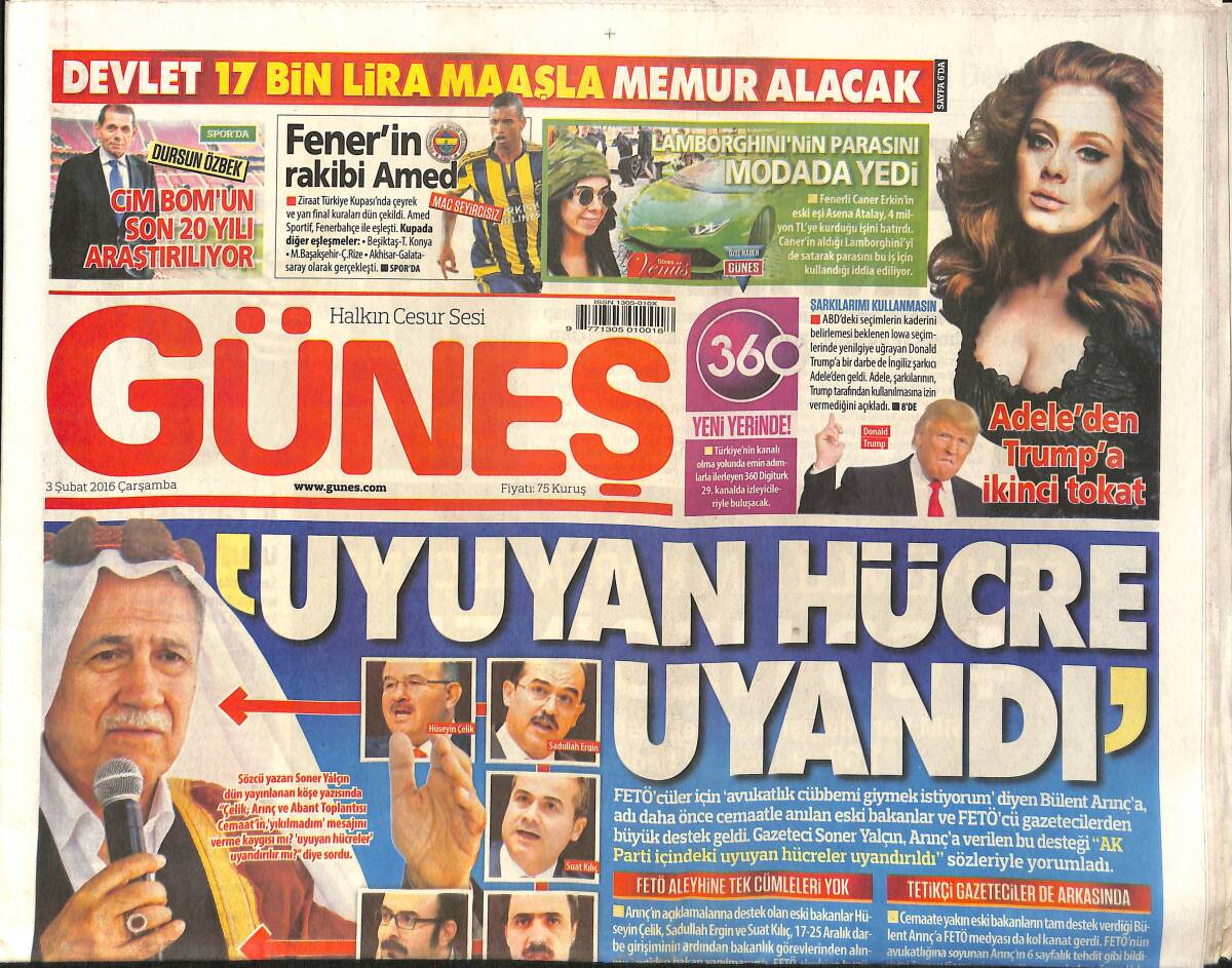 Güneş Gazetesi 3 Şubat 2016 - Adele'den Trump'a İkinci Tokat - Sabancı Suikastının Faili Yakalandı GZ158991 - 1