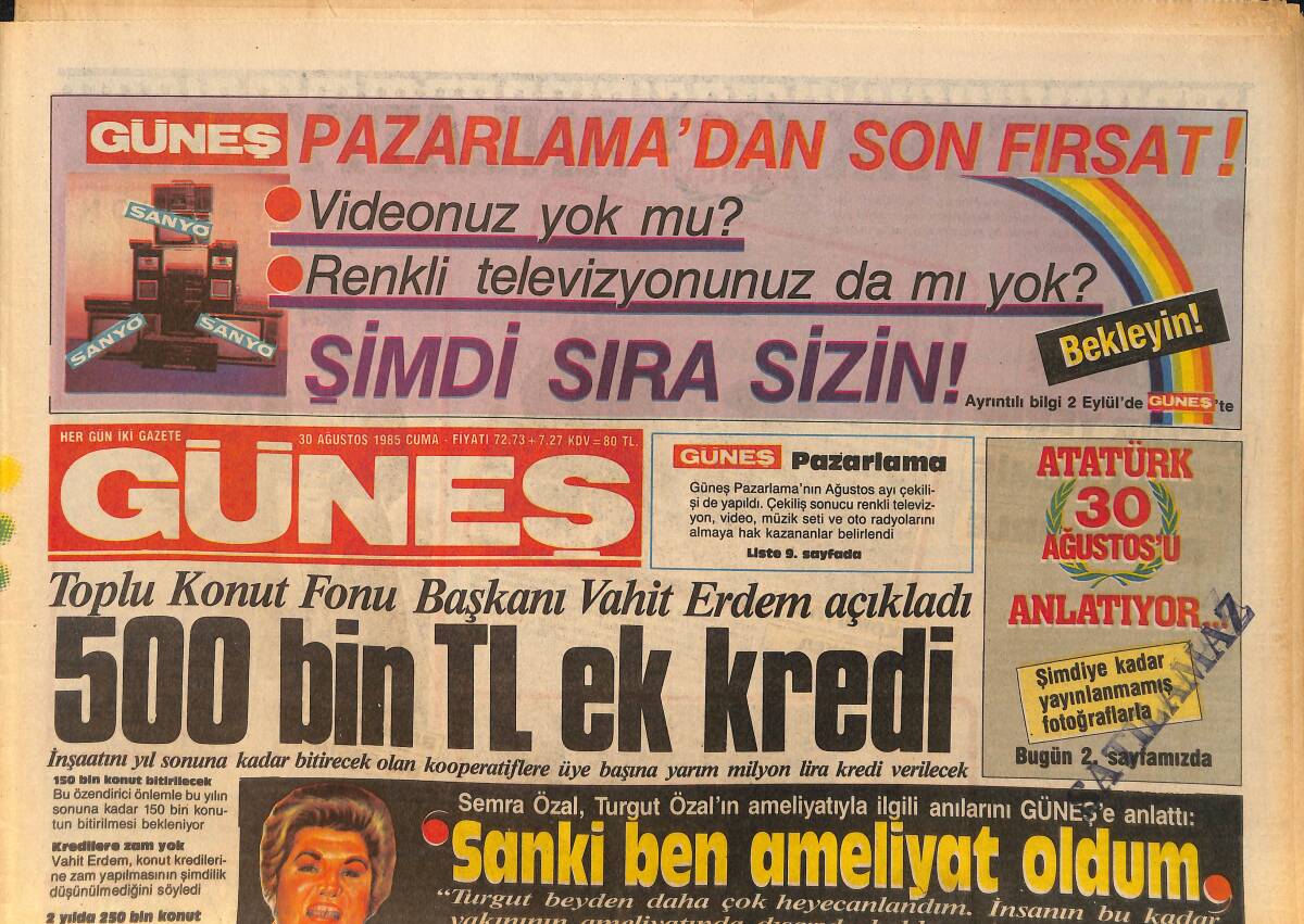 Güneş Gazetesi 30 Ağustos 1985 - Yakovas Günah Çıkardı - Göçek'ten Antalya'ya.. GZ157799 - 1