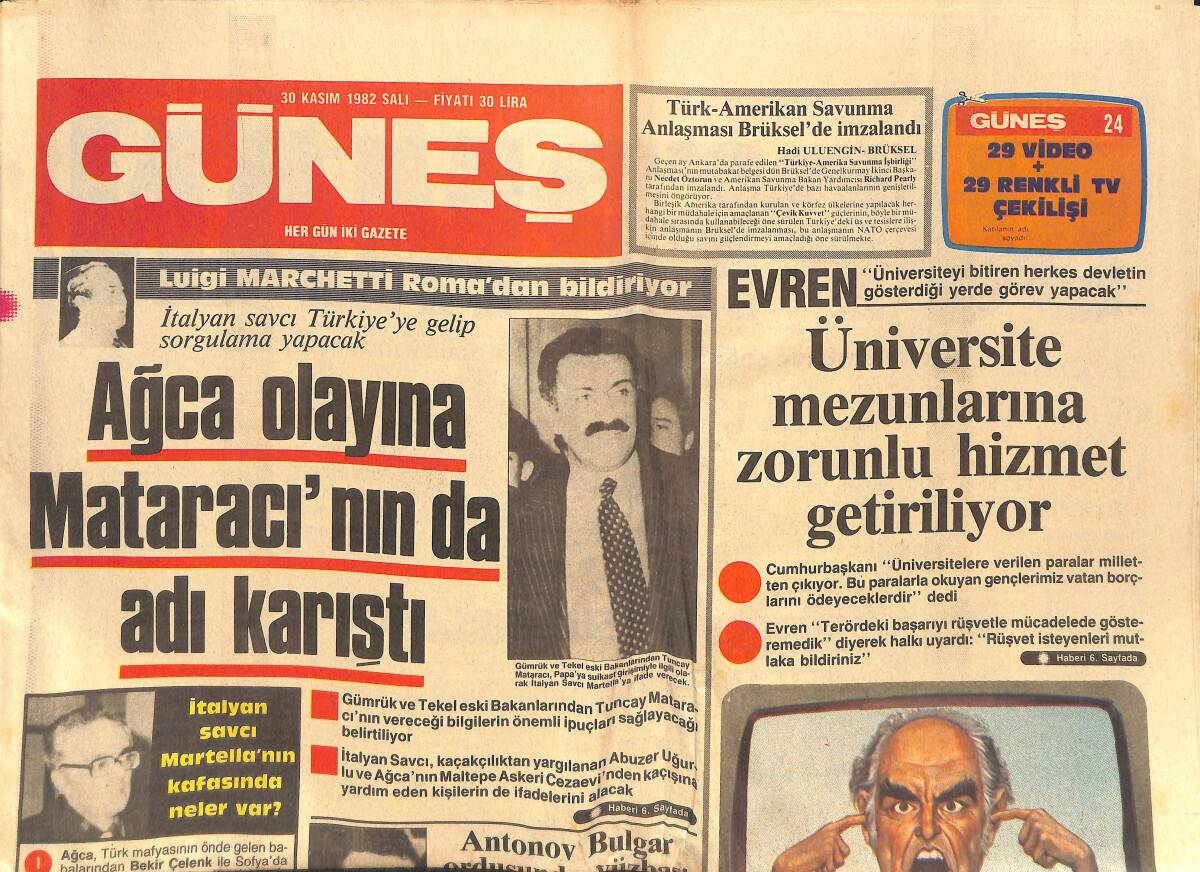 Güneş Gazetesi 30 Kasım 1982 - Ağca Olayında Mataracı'nın da Adı Geçiyor - Fenerbahçe Lige İyi Başladı - Golcüler Yarışıyor GZ133409 - 1