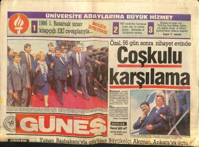 Güneş Gazetesi 30 Mart 1987 - Özal , 56 Gün Sonra Nihayet Evinde GZ62094 - 1