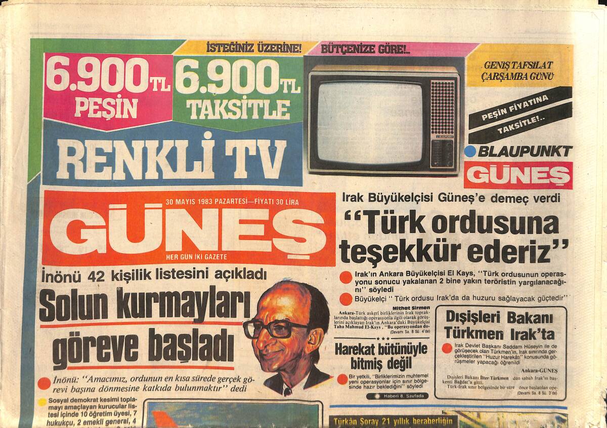 Güneş Gazetesi 30 Mayıs 1983 - 90 Bin SSK Dosyası Sele Kapıldı - Dışişleri Bakanı Türkmen Irak'ta GZ155409 - 1