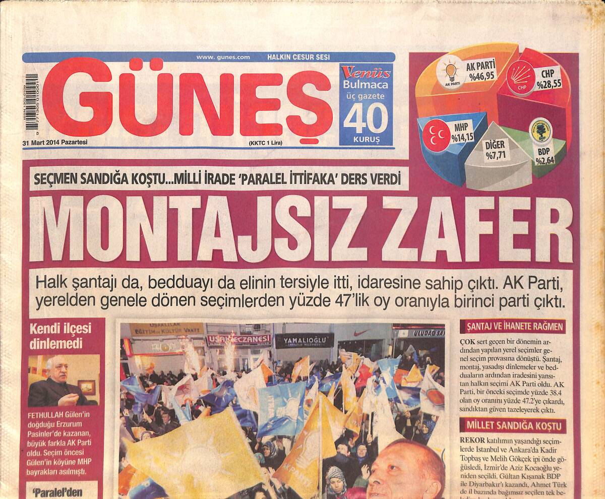 Güneş Gazetesi 31 Mart 2014 - Ak Parti Sandıklarda 1. Sırada Çıktı - Kate Moss Bodrumu Bırakamıyor GZ132743 - 1
