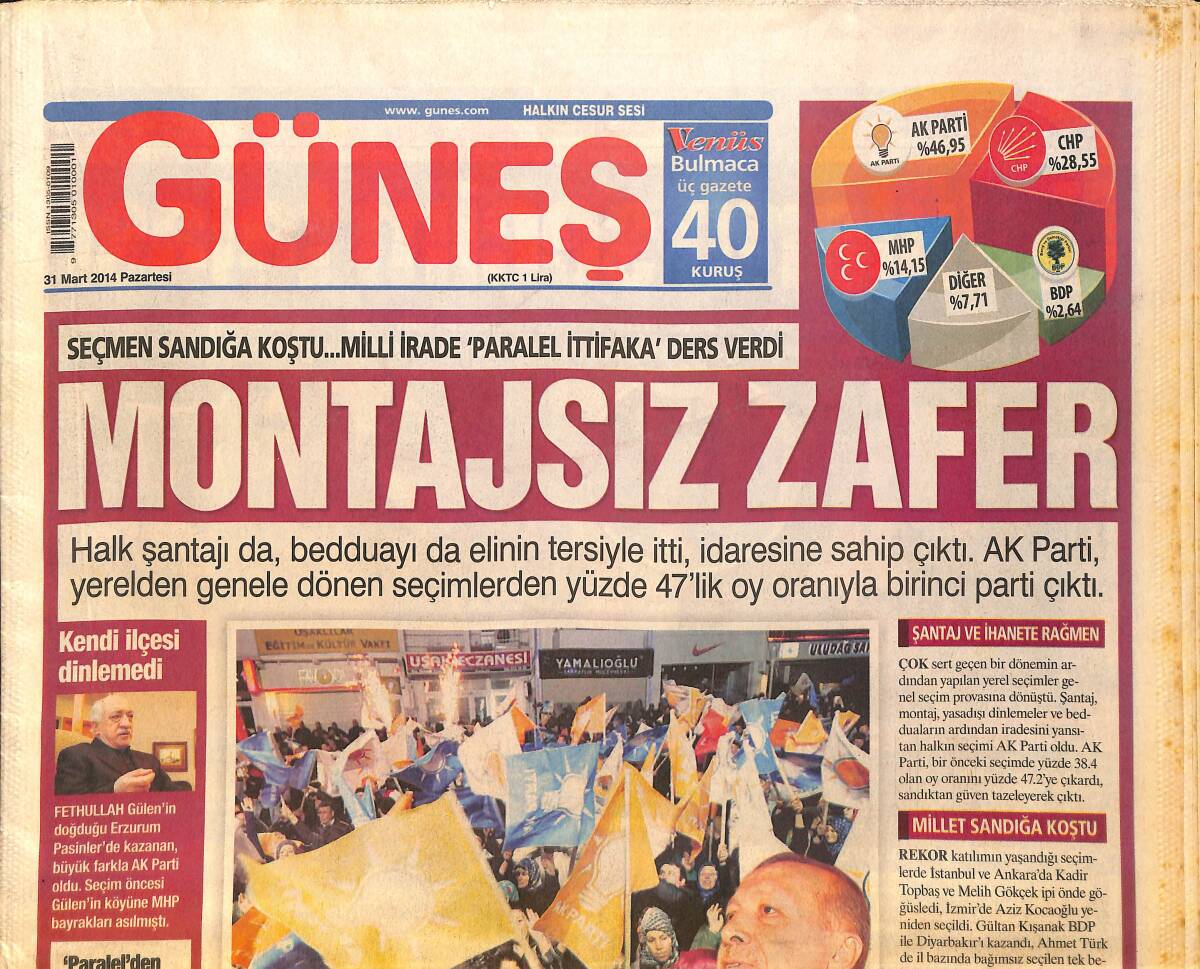 Güneş Gazetesi 31 Mart 2014 - Ünlüler Oy Vermek İçin Kuyruğa Girdi - Ak Parti Birinci Parti Çıktı GZ160816 - 1