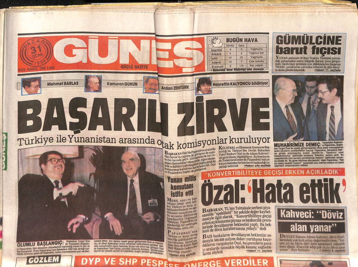 Güneş Gazetesi 31 Ocak 1988 - Minelli Ve Sinatra - Türkiye İle Yunanistan Arasında Ortak Komisyonlar Kuruluyor GZ151540 - 1