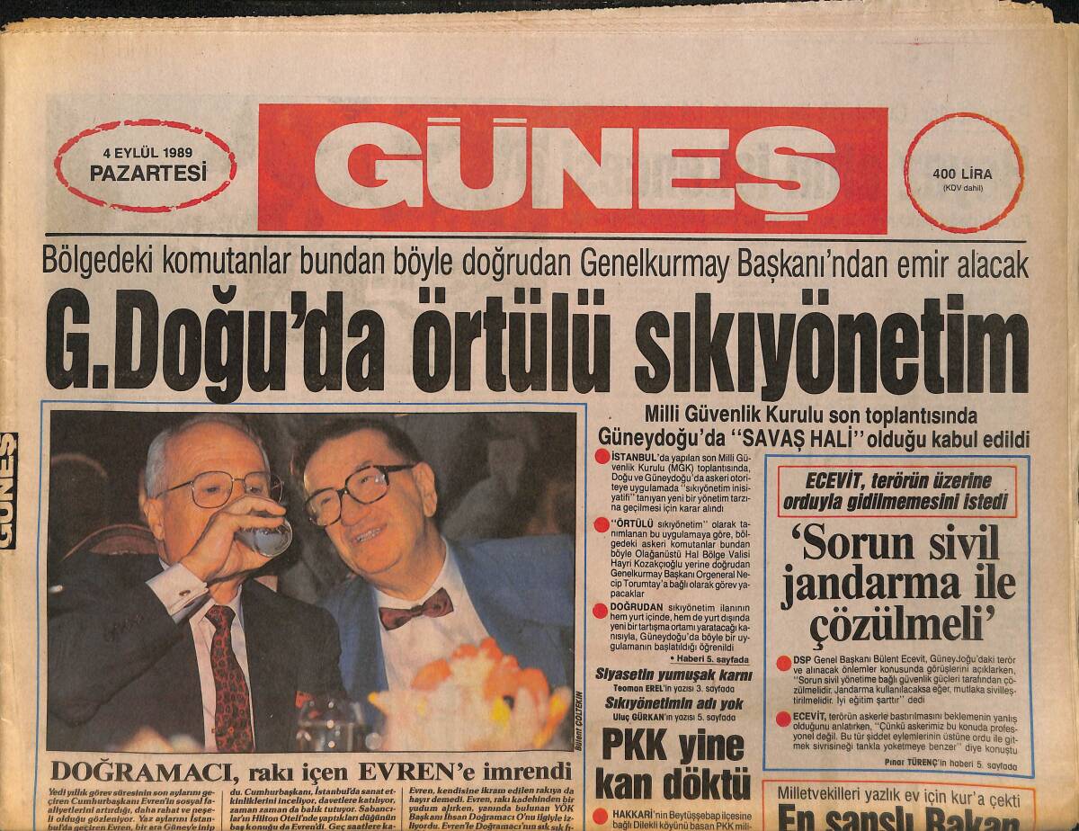Güneş Gazetesi 4 Eylül 1989 - G.Doğu'da Örtülü Sıkıyönetim - PKK Yine Kan Döktü GZ157707 - 1