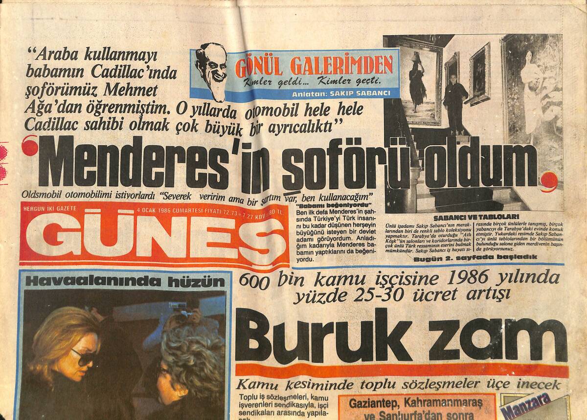 Güneş Gazetesi 4 Ocak 1986 - Bayan Özal'dan Lale Bulak'a Başsağlığı - Adnan Menderes Büyük İşler Yapmaktan Korkma Demişti GZ3775 - 1