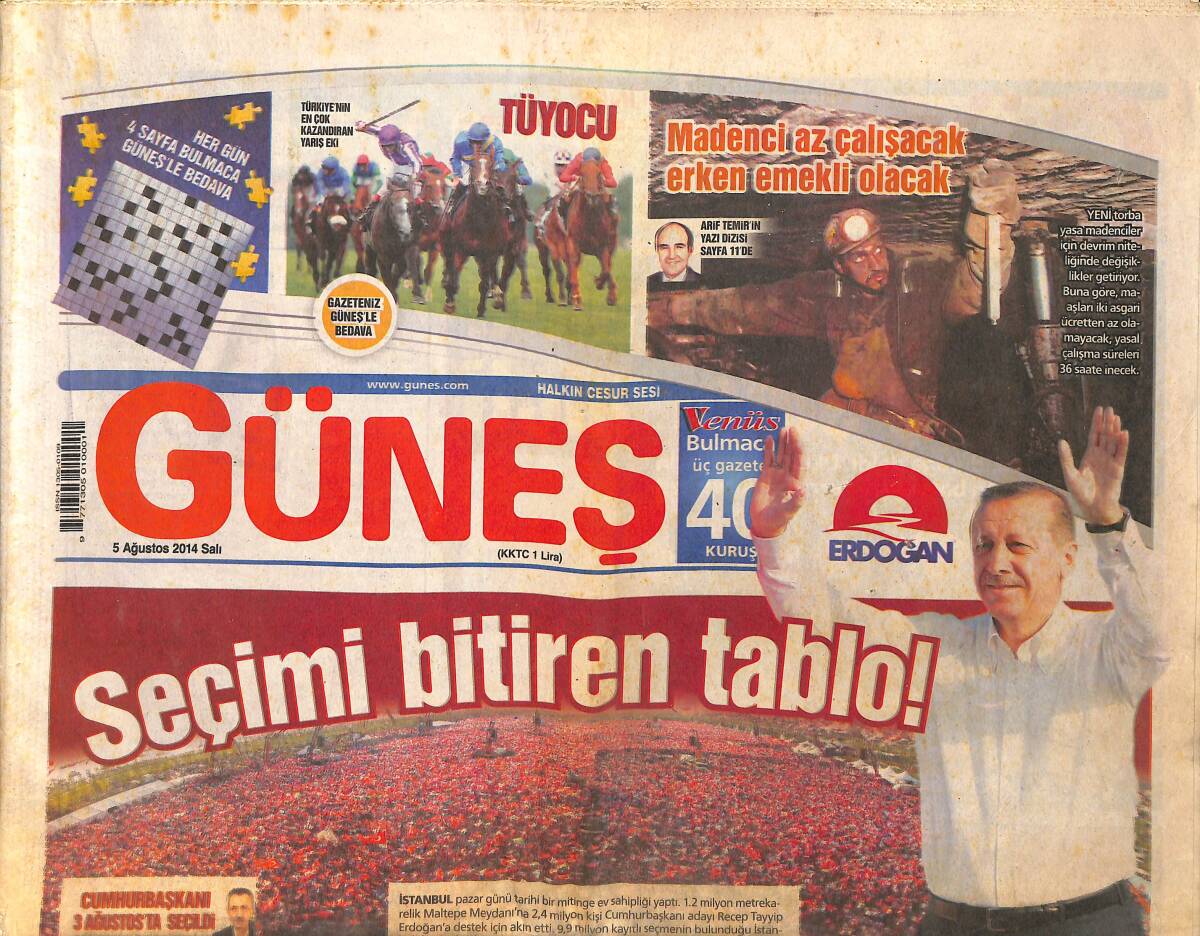 Güneş Gazetesi 5 Ağustos 2014 - Sertab Erener Düştüğü için Kas Travması Geçirdi - Cumhurbaşkanı Erdoğan Maltepe'de 2.5 Milyona Karşı Konuştu GZ158972 - 1