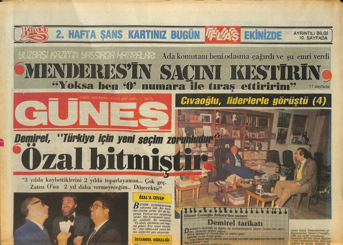 Güneş Gazetesi 5 Ekim 1986 - Demirel : Türkiye İçin Yeni Seçim Zorunludur - Beşiktaş'ın Sinan'la Yüzü Güldü GZ133932 - 1