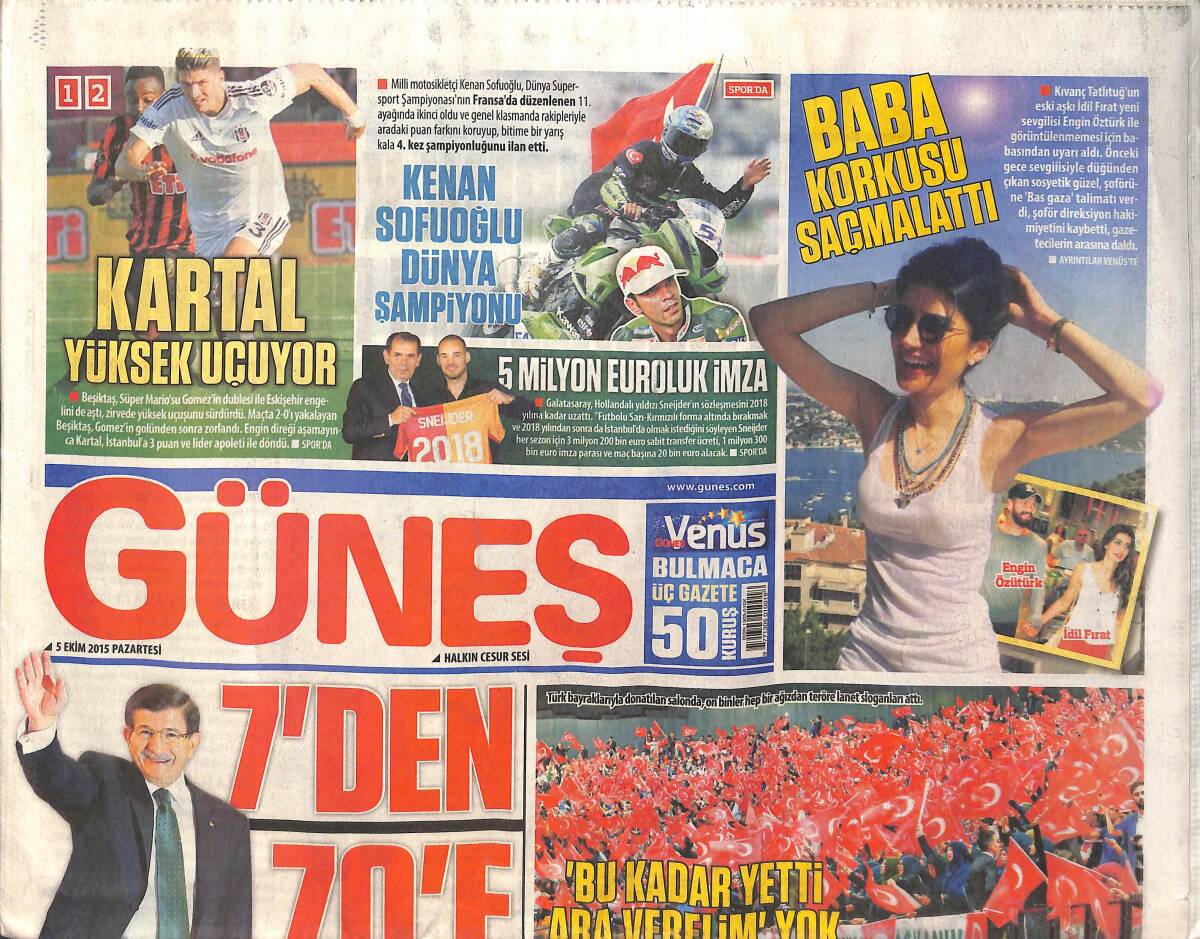Güneş Gazetesi 5 Ekim 2015 - İdil Fırat'ı Baba Korkusu Saçmalattı - Kenan Sofuoğlu Dünya Şampiyonu - 5 Milyon Euro'luk İmza GZ135725 - 1