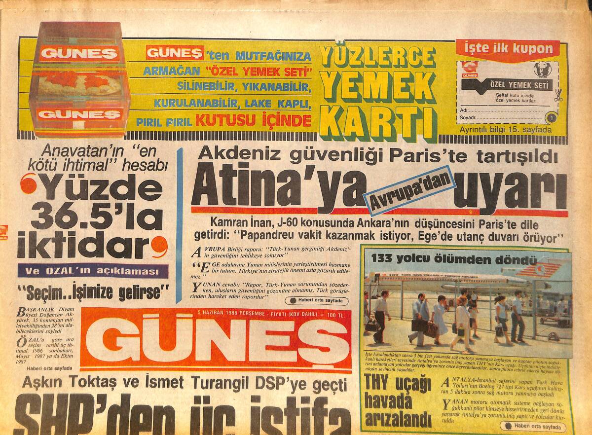 Güneş Gazetesi 5 Haziran 1986 - Nihat Fırat Kaset Afişi - Ecevit'e Dava 3 Yıla Kadar Hapsi İsteniyor GZ158281 - 1