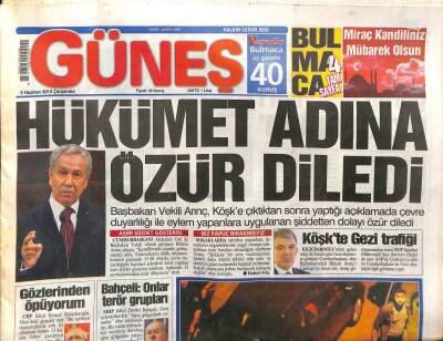 Güneş Gazetesi 5 Haziran 2013 - Bülent Arınç Hükümet Adına Özür Diledi GZ107110 - 1