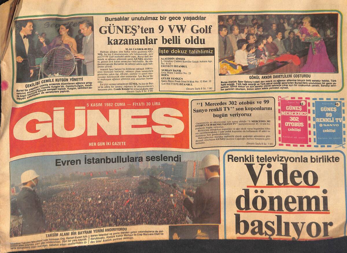 Güneş Gazetesi 5 Kasım 1982 - Evren İstanbullulara Seslendi - Başkonsolosluğumuzu Basanlar Tutuklandı GZ132760 - 1