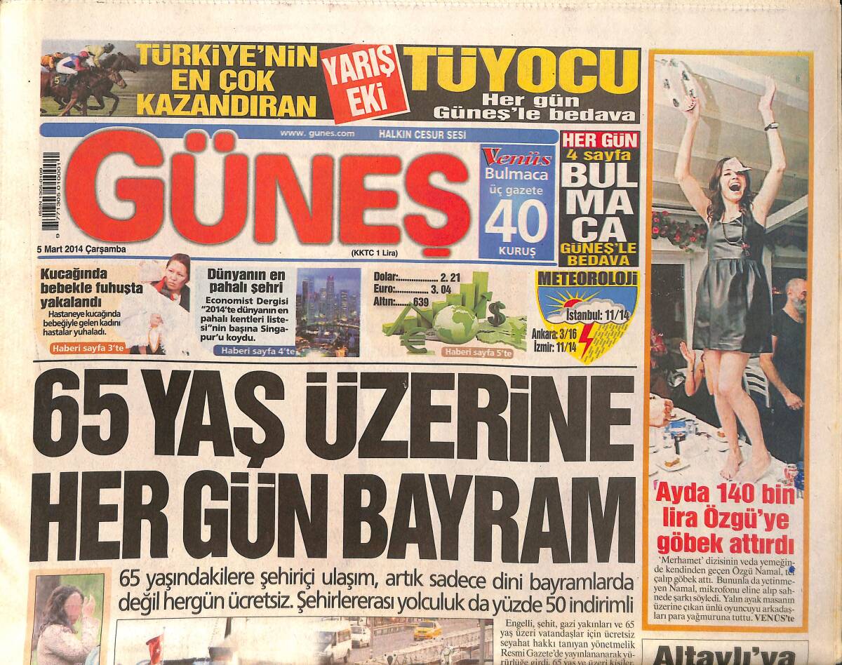 Güneş Gazetesi 5 Mart 2014 - Oyuncu Özgü Namal, Masaya Çıkıp Dans Etti - Devlet Bahçeli 