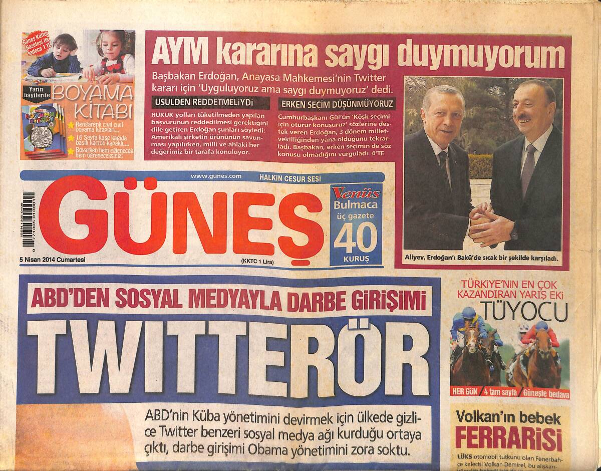 Güneş Gazetesi 5 Nisan 2014 - Aliyev, Erdoğan'ı Bakü'de Karşıladı - Baykal, Kendi İmzasının Olduğu Önergesini Unuttu GZ158990 - 1