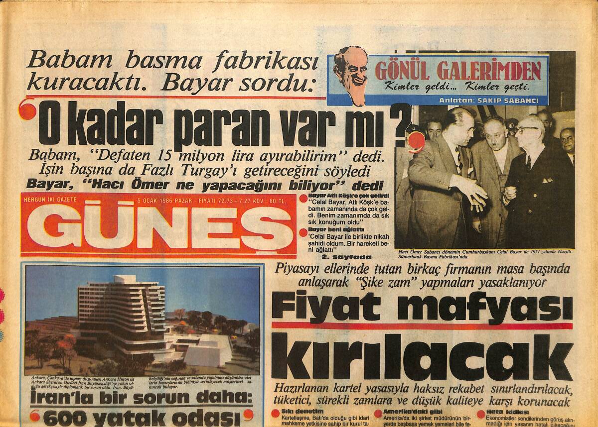 Güneş Gazetesi 5 Ocak 1986 - İran'la Bir Sorun Daha : 600 Yatak Odası - Galatasaray Aranıyor GZ157724 - 1