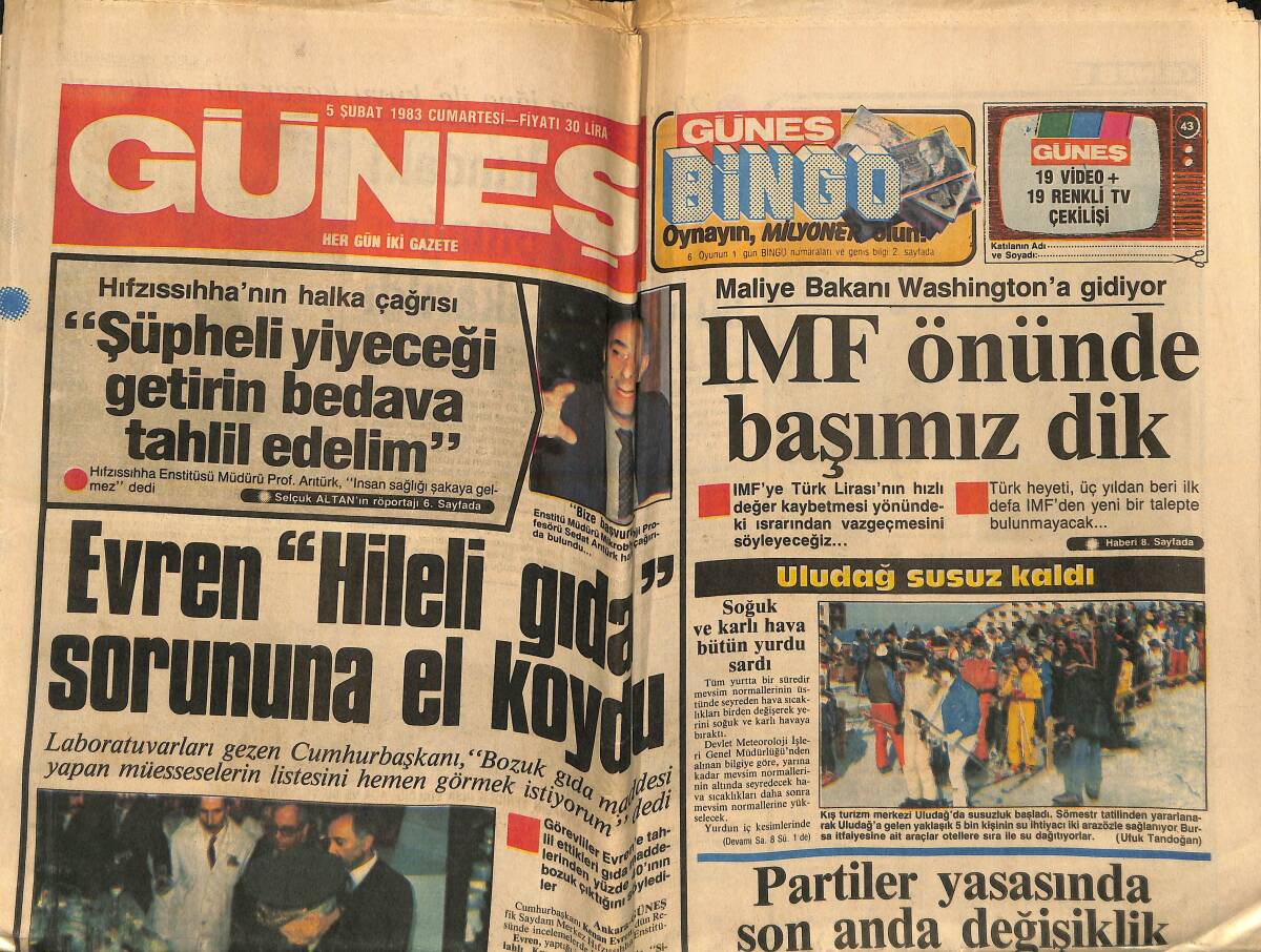 Güneş Gazetesi 5 Şubat 1983 - Maradona Arjantin'de Seçimi Kaybetti - Evren, Hileli Gıda Sorununa El Koydu GZ155805 - 1
