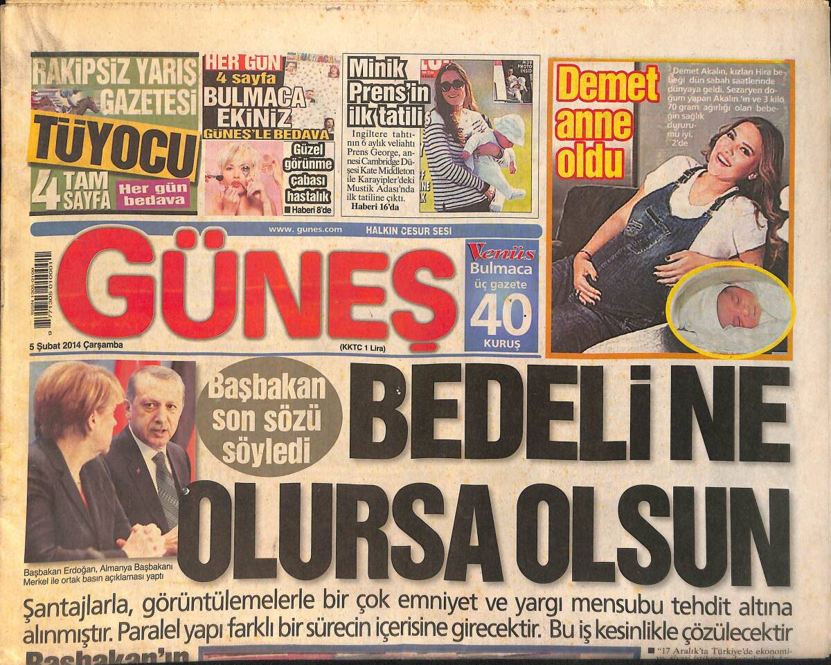 Güneş Gazetesi 5 Şubat 2014 - Demet Akalın Anne Oldu - İngiltere Tahtının Yeni Veliahtı Prens George ve Annesi İle İlk Tatiline Çıktı GZ158998 - 1