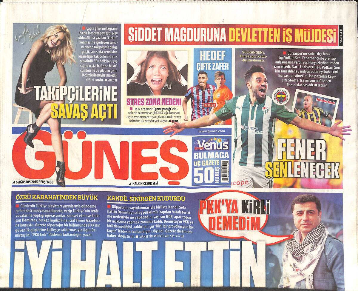 Güneş Gazetesi 6 Ağustos 2015 - TSK'nın Yeni Komutanları - Endonezya'da Yanardağ 41 Bin Turisti Rehin Aldı GZ135073 - 1