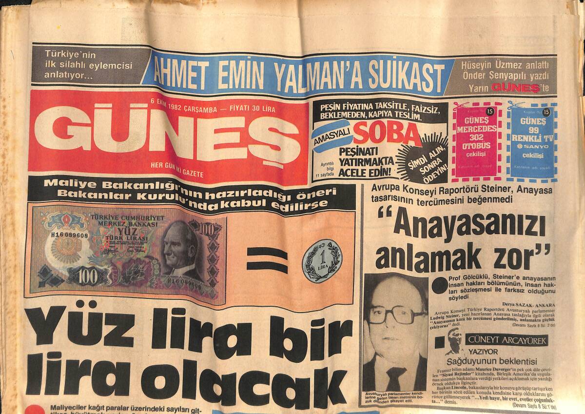 Güneş Gazetesi 6 Ekim 1982 - Yüz Lira Bir Lira Olacak - Kastelli Önemli Bilgiler Verdi GZ134422 - 1