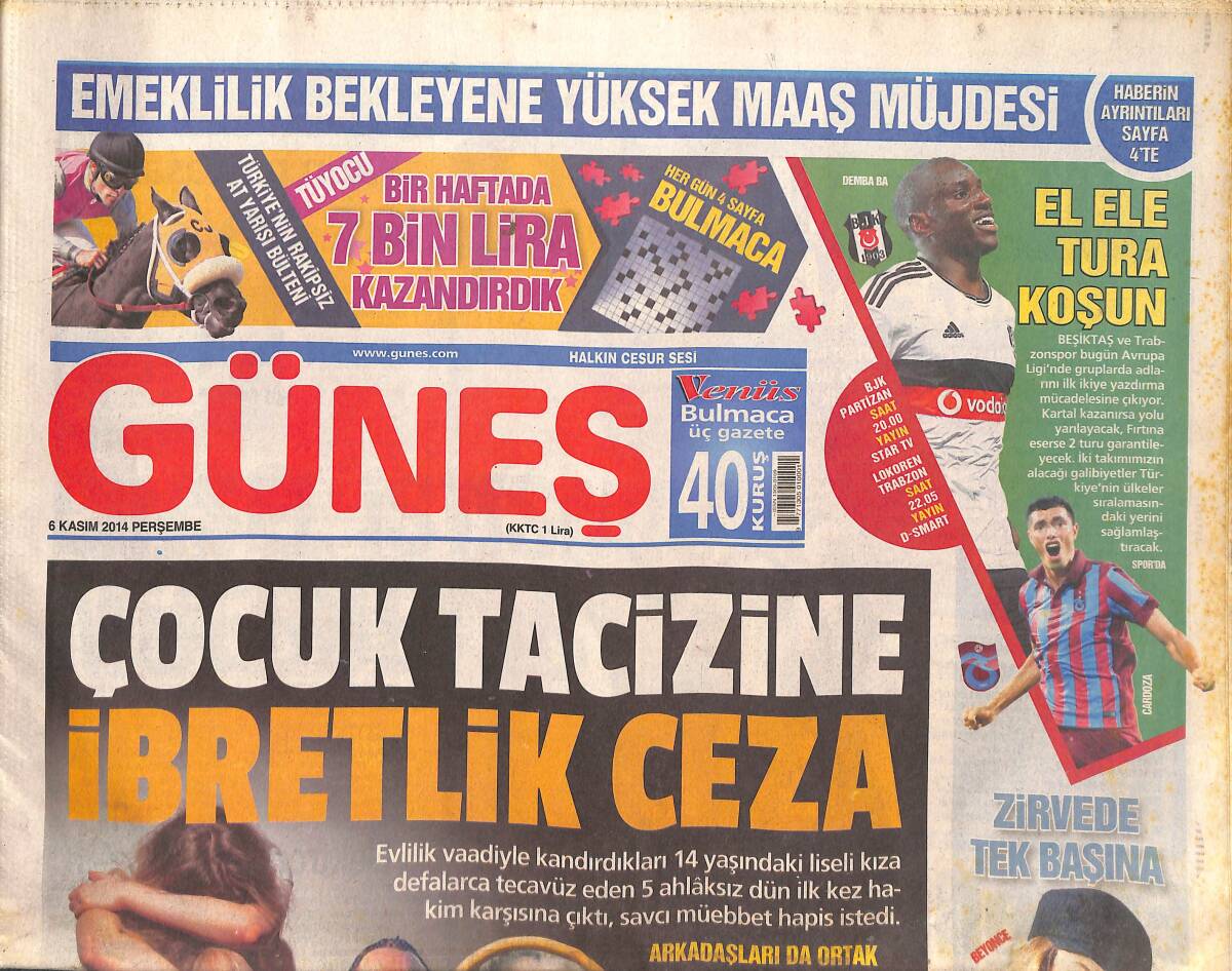 Güneş Gazetesi 6 Kasım 2014 - Adriano'ya Uyuşturucu Davası - Beyonce Zirvede Tek Başına GZ135075 - 1