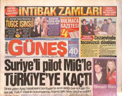 Güneş Gazetesi 6 Ocak 2013 - Şenayın Vasiyeti Yerine Getirilemedi - Suriyeli Pilot MİGle Türkiyeye Kaçtı GZ124648 - 1