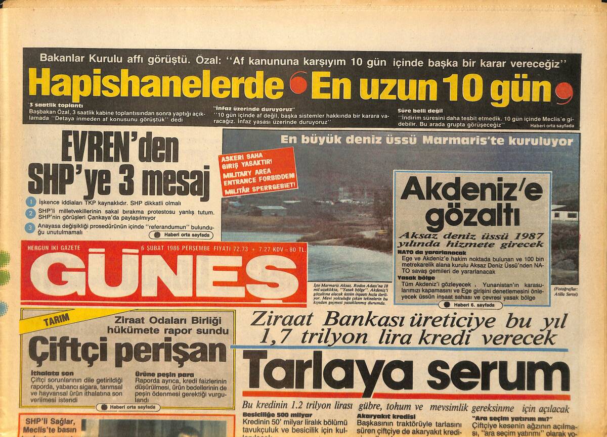 Güneş Gazetesi 6 Şubat 1986 - Kremlin Kıbrıs'ın Yakasını Bırakmıyor - Akdeniz'e Gözaltı GZ157715 - 1