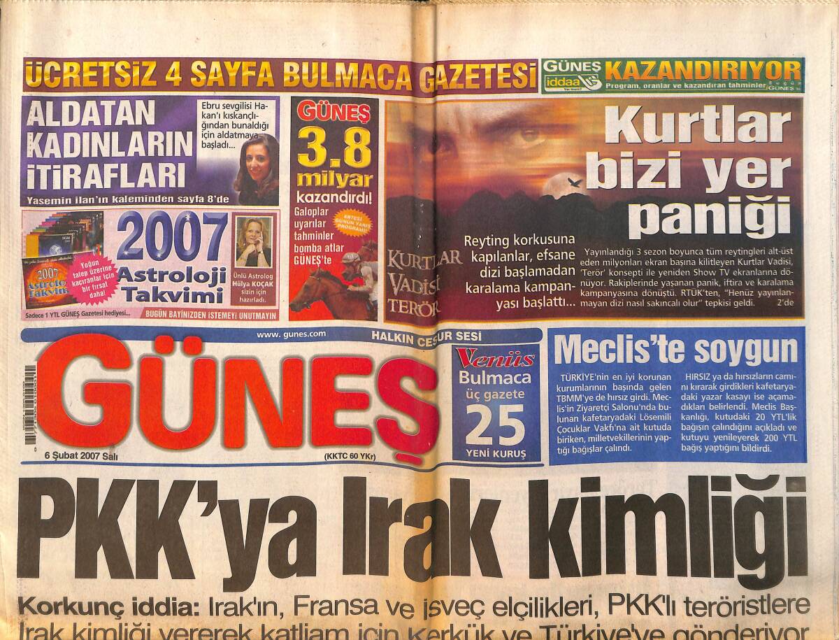 Güneş Gazetesi 6 Şubat 2007 - Reyting Korkusu , Türkiye'nin Efsane Dizisi Kurtlar Vadisi'ni Karalama Kampanyasına Dönüştü GZ157820 - 1